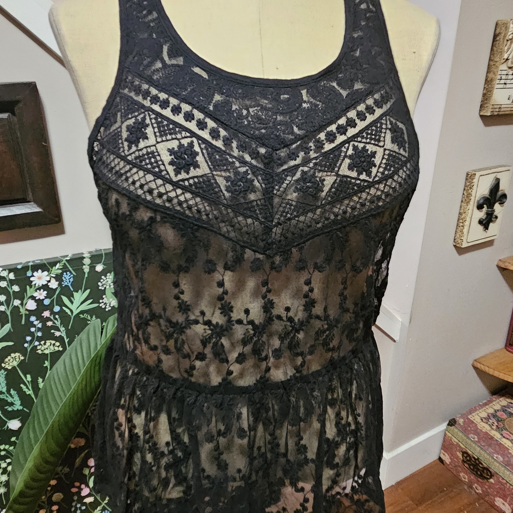 Black Lace Sheer Tunic Top